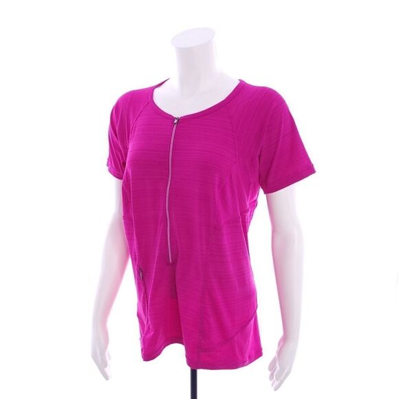 Athleta Women's Size Large Solid Pink Short Sleeve Zipper Shirt - Picture 2 of 10